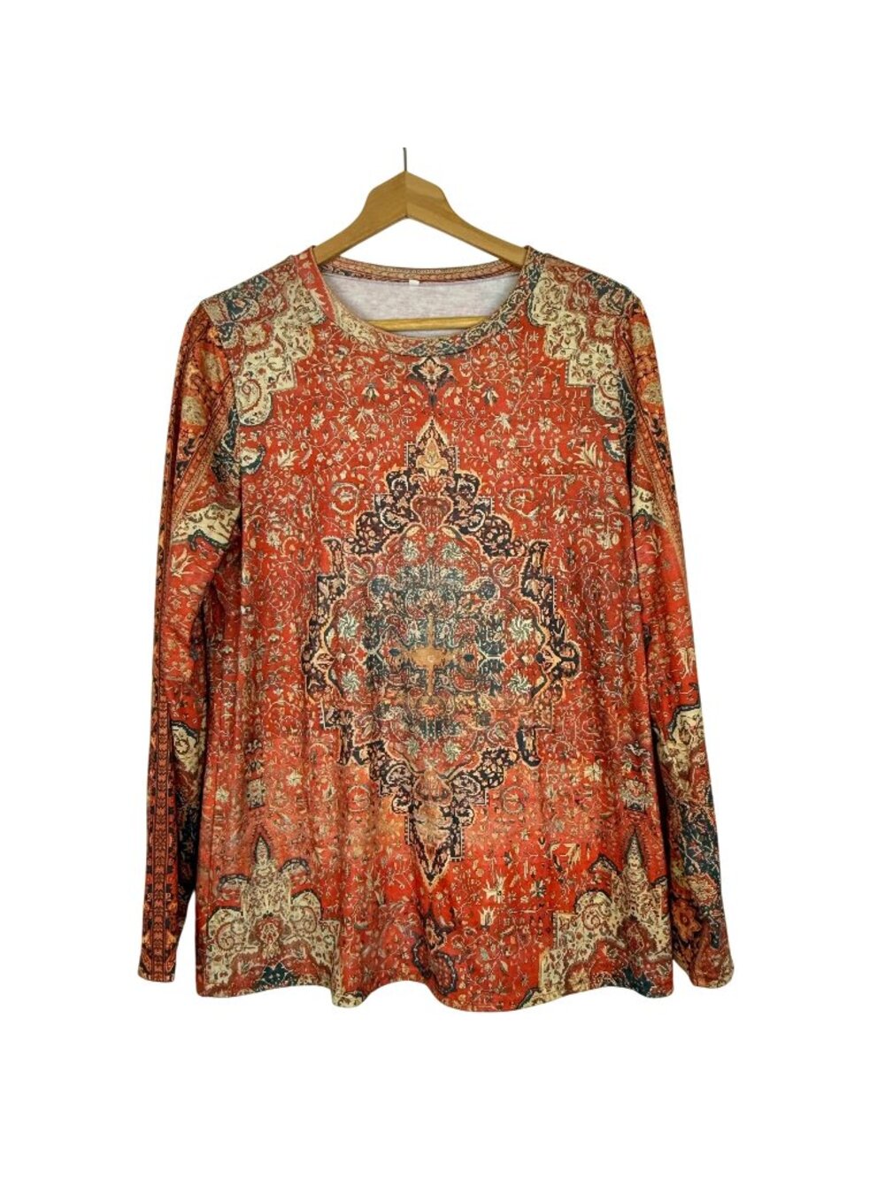 Women's Boho Pullover Top Large Mandala Print Long Sleeve Orange Ethnic Pattern